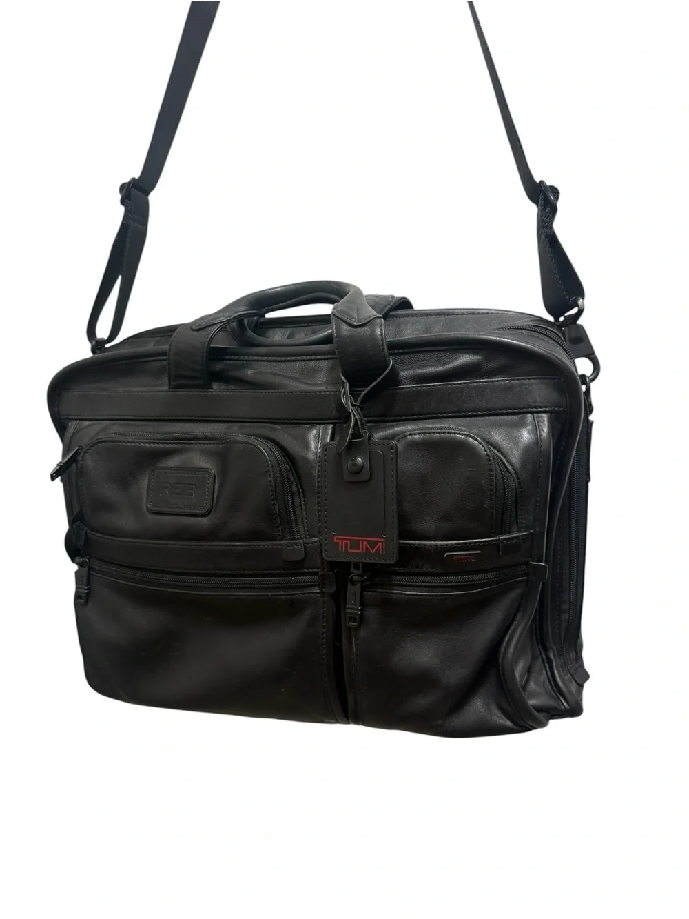 Tumi Black Leather Laptop Briefcase with Shoulder Strap